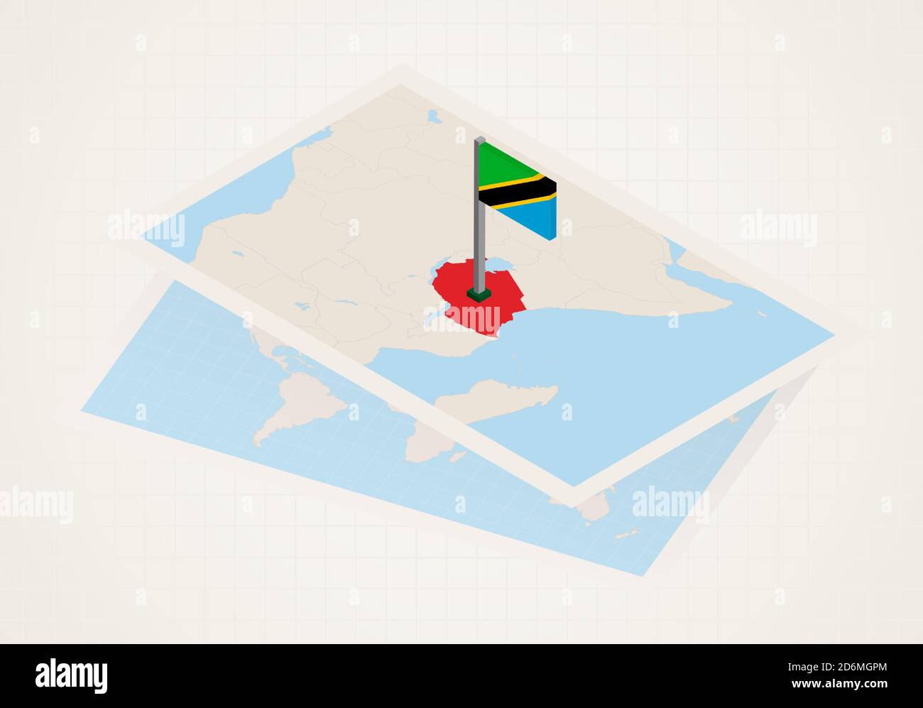 Tanzania selected on map with 3D flag of Tanzania. Vector paper map ...