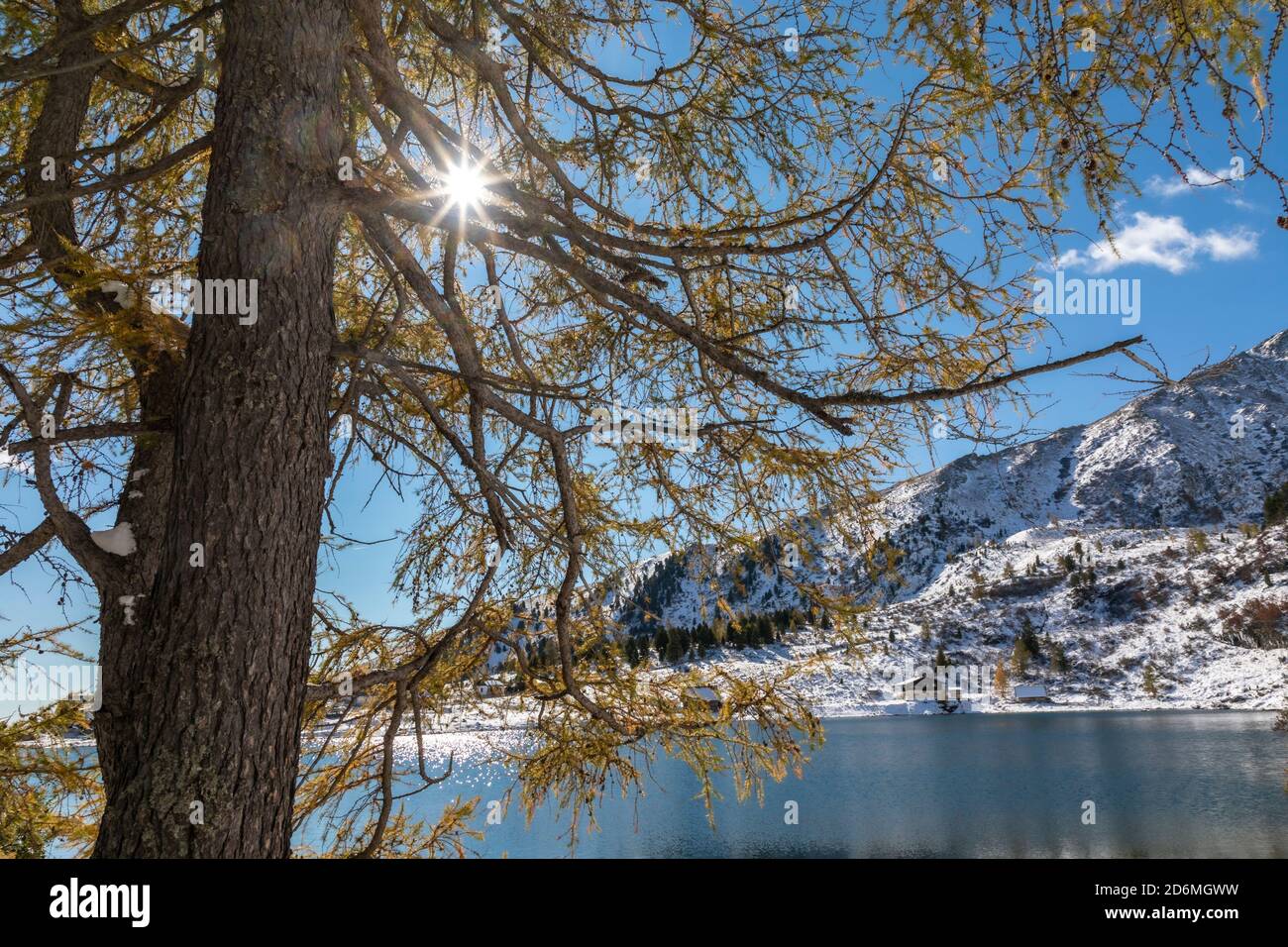 first snow in autumn on mountain lake named Falkertsee in Carinthia, Austria Stock Photo