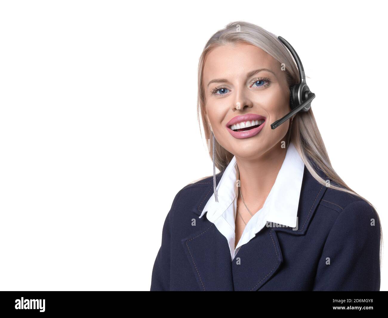 Woman with call center headset on white background. Technical support concept. Stock Photo