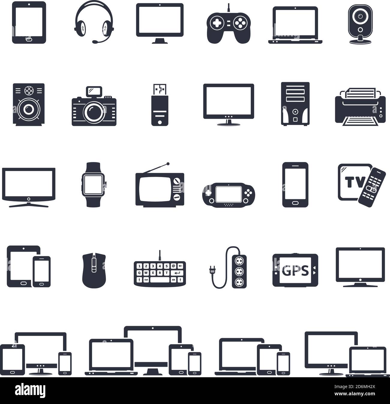 Set of smart devices and gadgets: phones, computer equipment and electronics icons Stock Vector