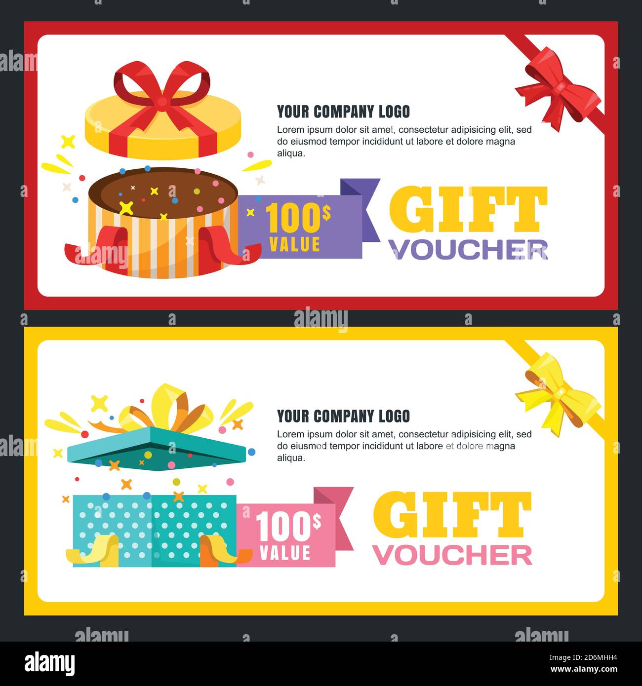 Gift voucher, certificate or coupon vector design layout. Discount banner or holidays greeting card template. Multicolor open present boxes. Stock Vector