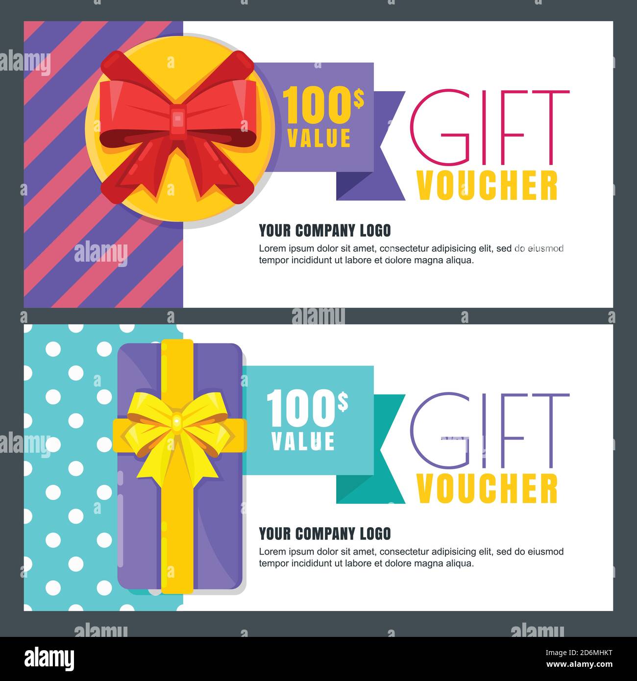 Gift voucher, certificate or coupon vector design layout. Discount banner or holidays greeting card template. Multicolor top view present boxes. Stock Vector