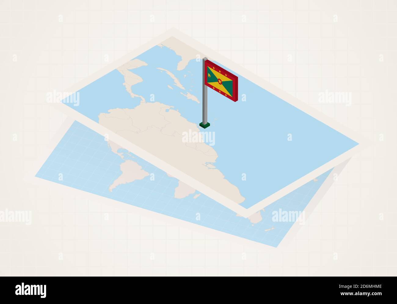Grenada selected on map with isometric flag of Grenada. Vector paper map. Stock Vector