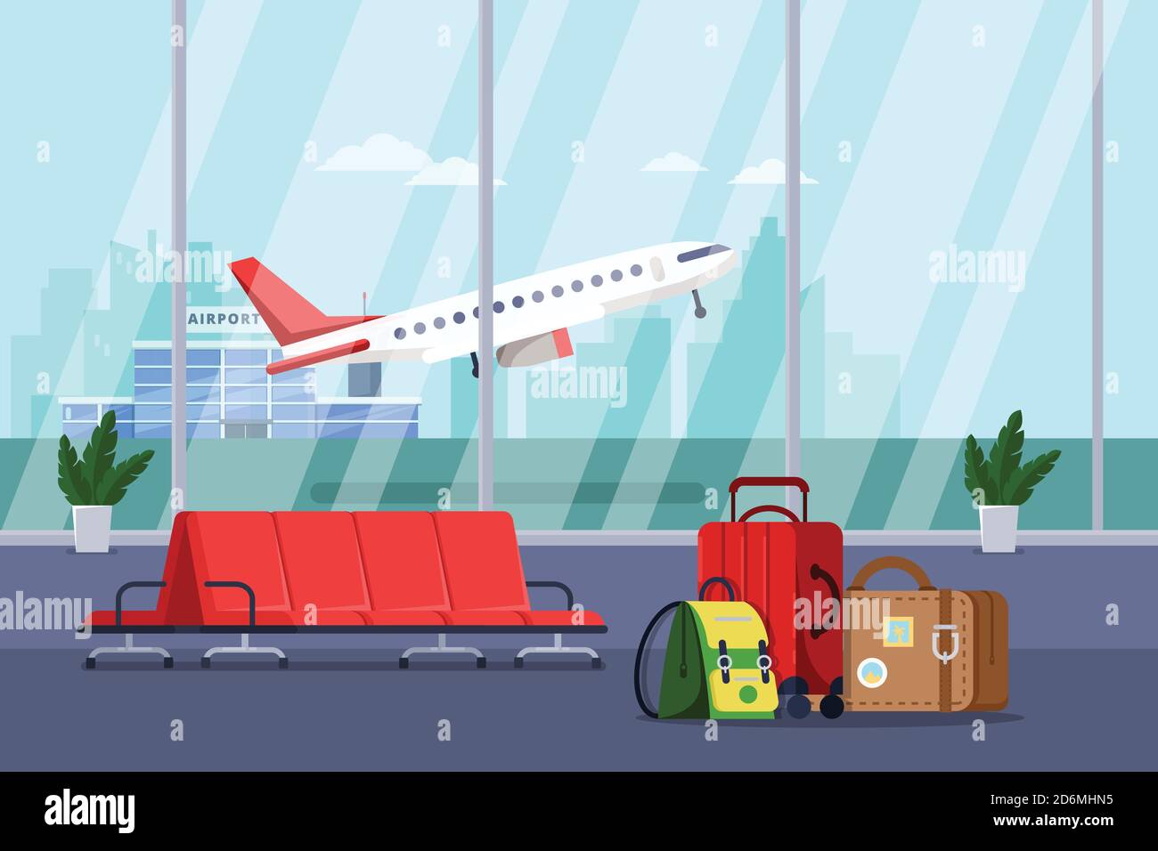 Airport terminal interior, vector flat illustration. Empty waiting lounge or departure hall with red chairs, luggage bags, panoramic window and airpla Stock Vector