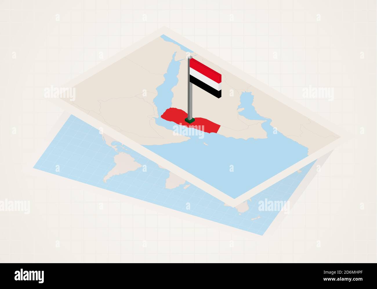 Yemen selected on map with isometric flag of Yemen. Vector paper map ...
