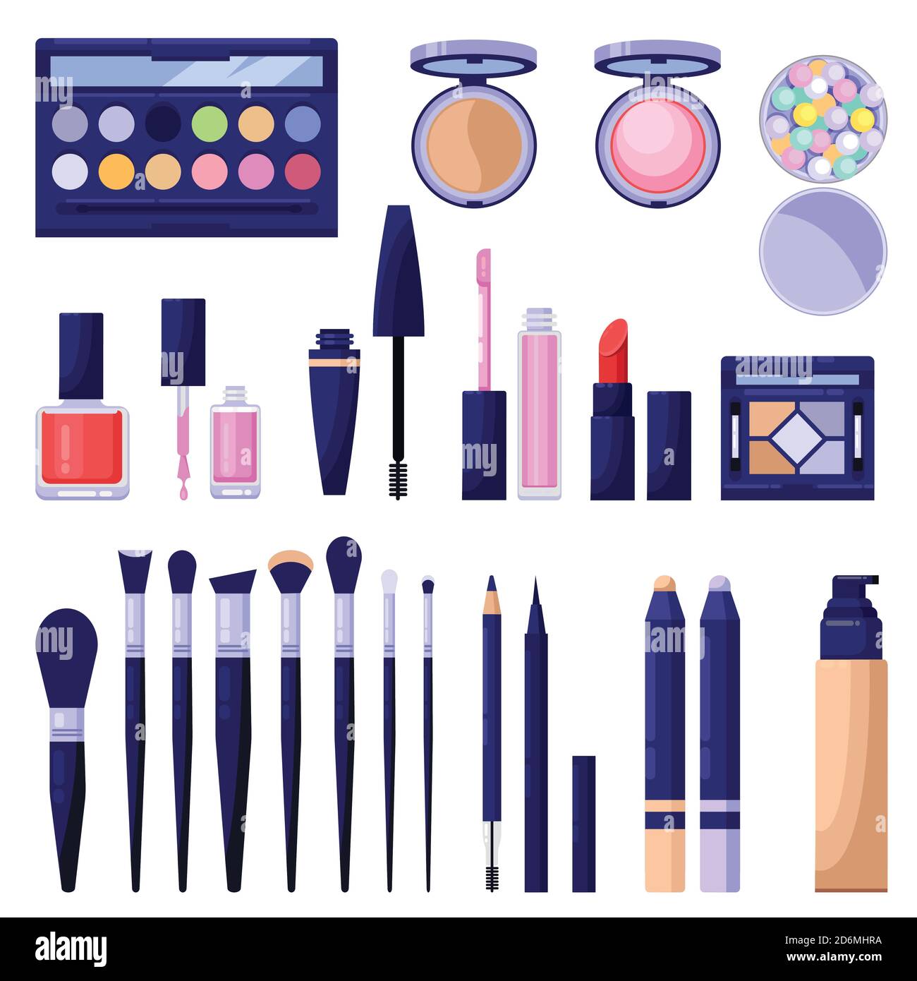 Makeup cosmetics colorful icons and vector design elements. Eyes, face, lips beauty and care products isolated on white background. Female fashion col Stock Vector