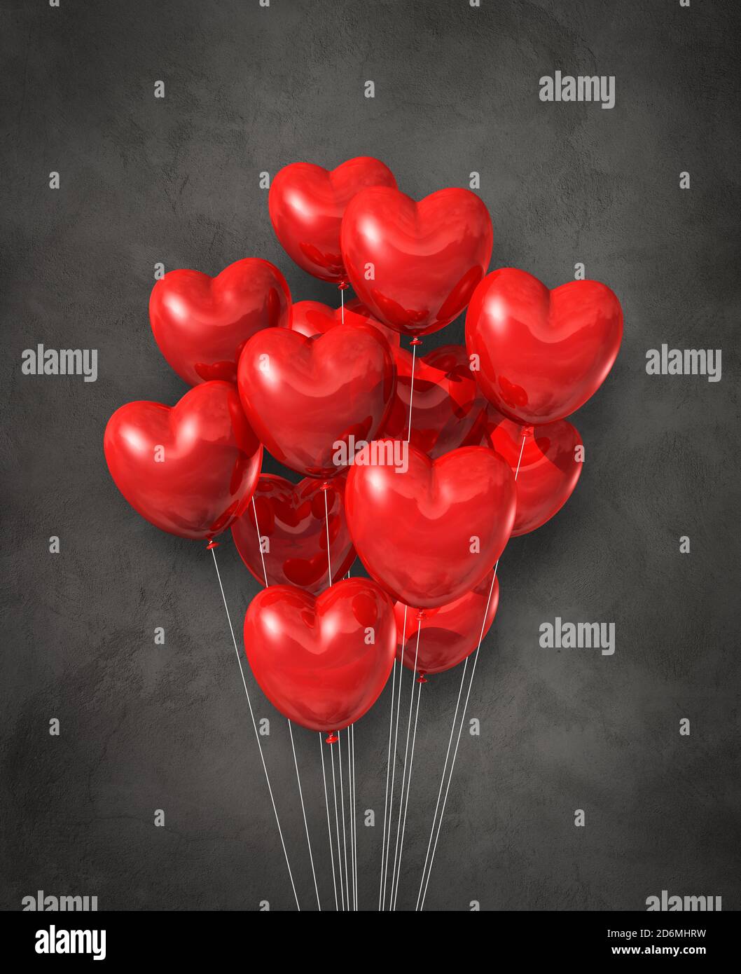 Red heart shape air balloons group on a dark concrete background. 3D ...