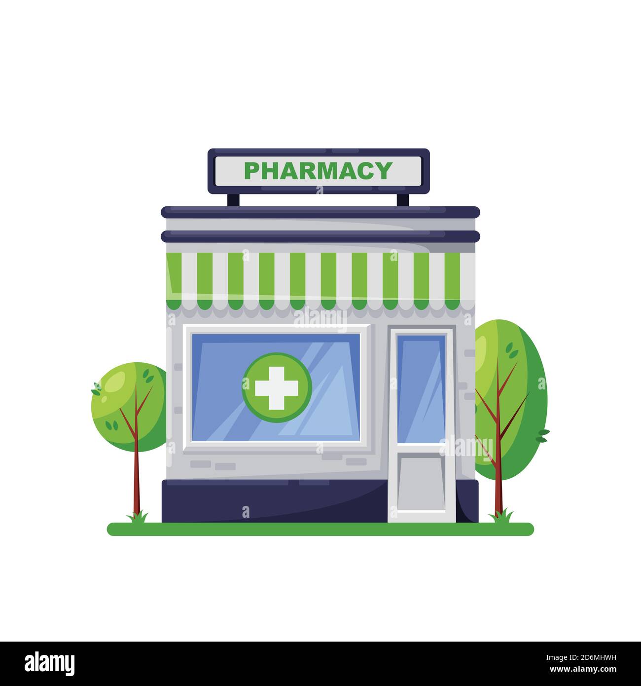 Drugstore building, isolated on white background. Green pharmacy store exterior, vector cartoon style icon design. Stock Vector