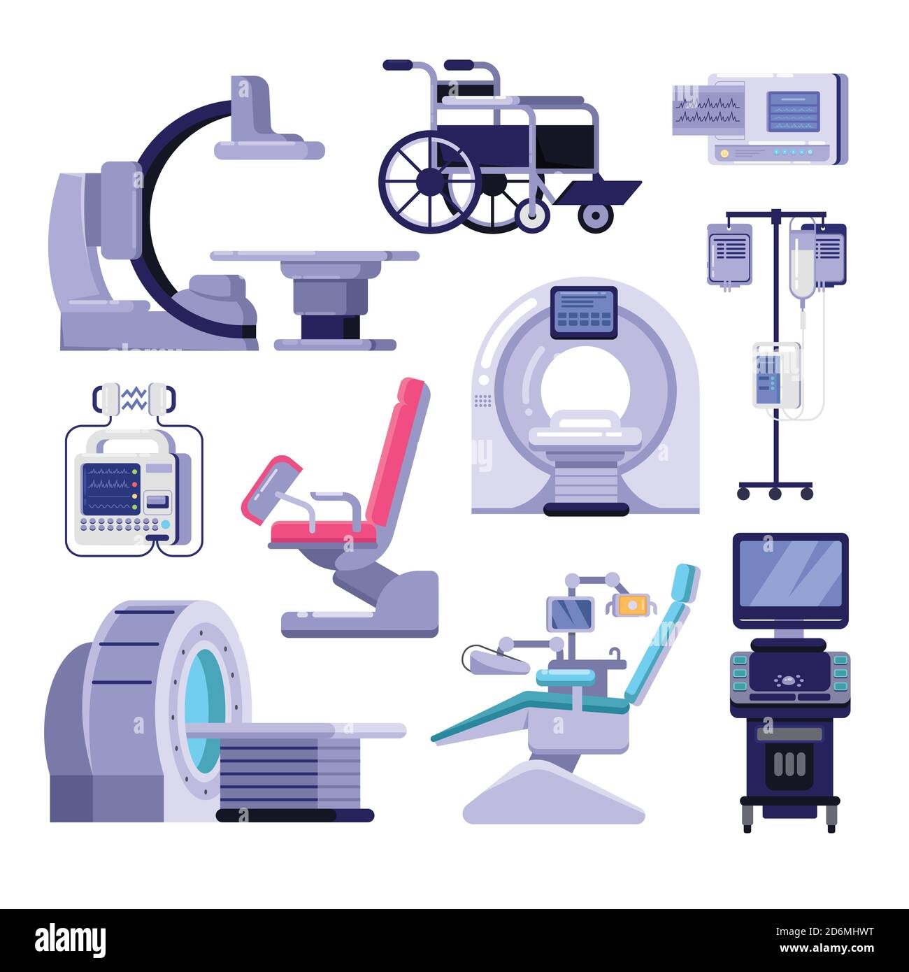 Medical diagnostic and examination equipment. Vector illustration of MRI scanner, gynecology and dentist chair, wheelchair, blood transfusion, cardiog Stock Vector