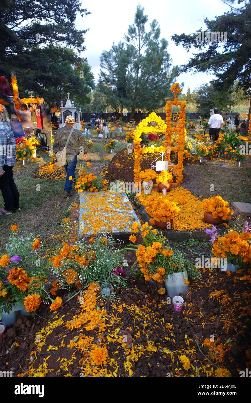 Marigolds known in Mexico, as "the flower of the dead" decorate graves in Patzcuaro during Day
