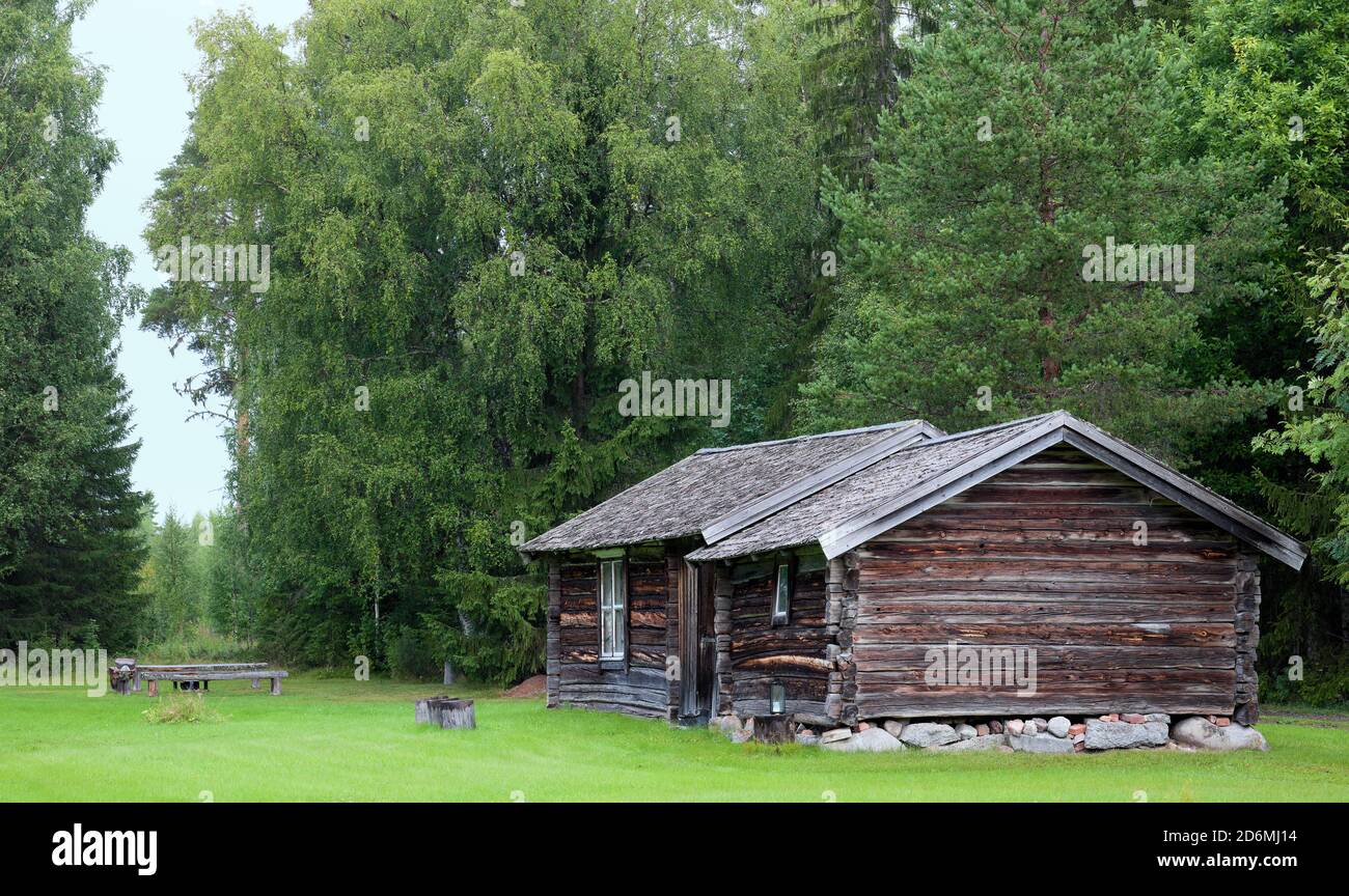 Old wooden cottages north of Östersund, Jämtland, Sweden Stock Photo