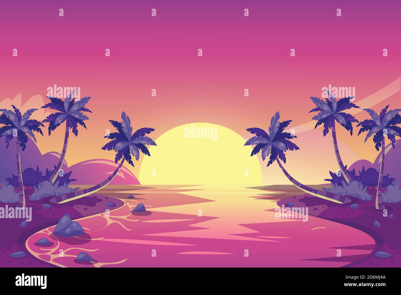 Tropical summer sunset. Vector cartoon island landscape illustration. Palm trees on the ocean beach. Romantic vacation background. Stock Vector