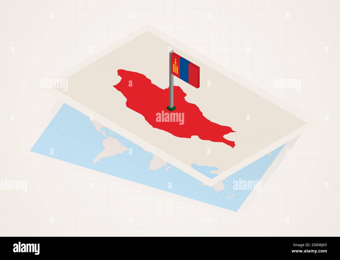 Mongolia selected on map with isometric flag of Mongolia. Vector paper map. Stock Vector