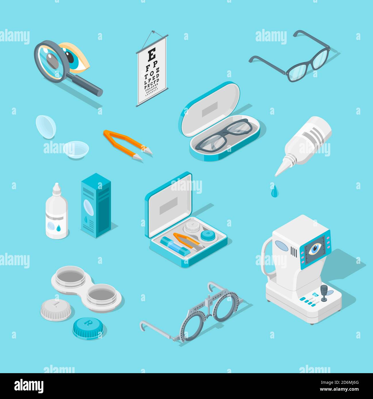 Eye care and health, vector 3d isometric icons set. Contact lenses, glasses, ophthalmology medical equipment flat illustration. Stock Vector