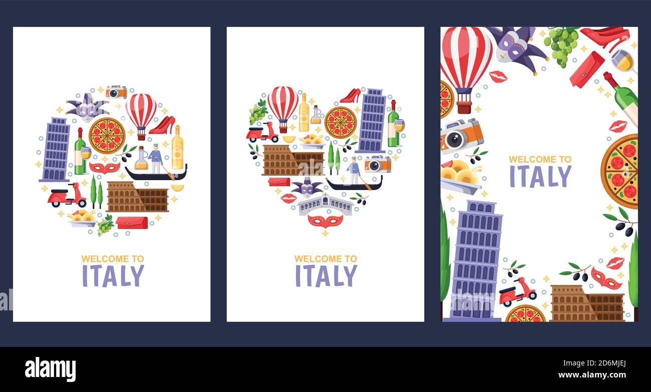 Welcome to Italy greeting souvenir cards, print or poster design template. Travel to Roma and Venice flat illustration. Circle, heart shapes and frame Stock Vector