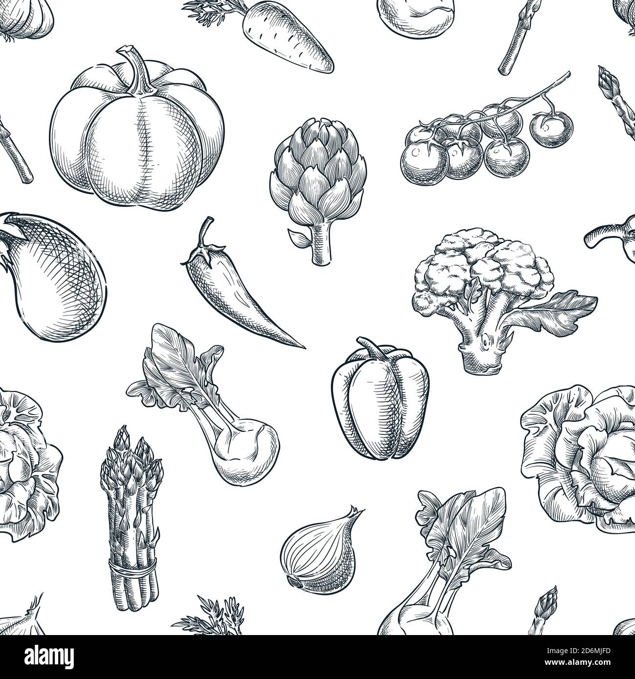 Vegetables seamless black white pattern. Vector sketch illustration. Farming and harvesting background. Fresh veggies market package design. Stock Vector