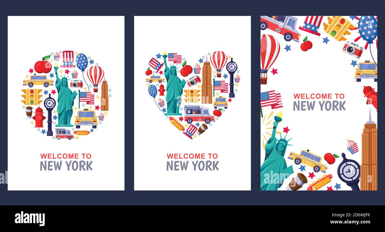 Welcome to New York greeting souvenir cards, print or poster design template. Travel to USA flat illustration. Circle, heart shapes and frame backgrou Stock Vector