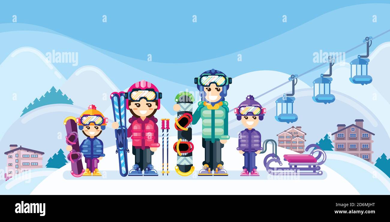 Happy family at winter ski resort, vector flat style illustration. Weekend travel in mountains, leisure outdoor concept. Stock Vector