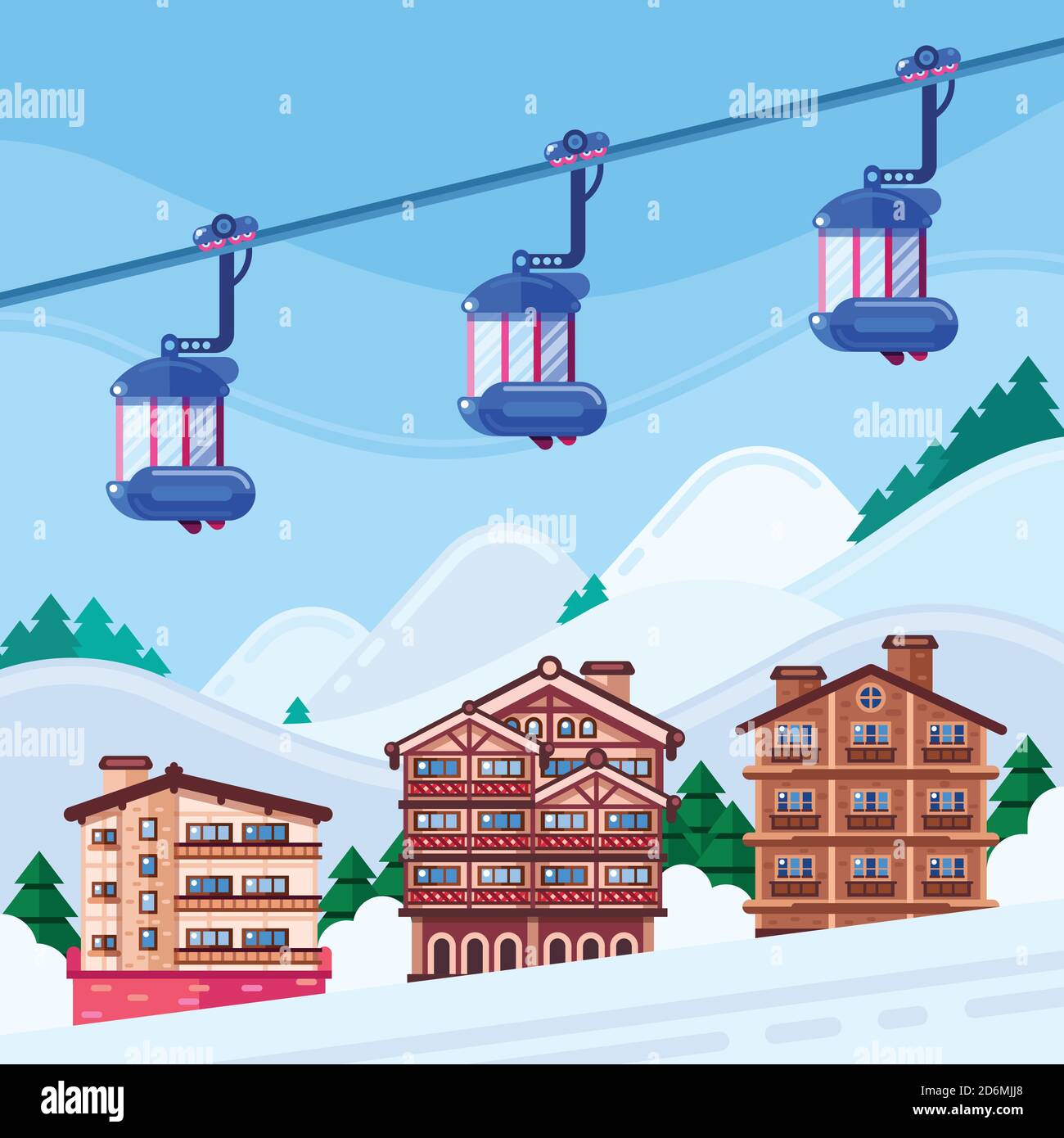 Winter ski resort vector illustration. Wooden hotels houses, snow mountains landscape and funicular cabins. Winter holiday and vacation. Stock Vector