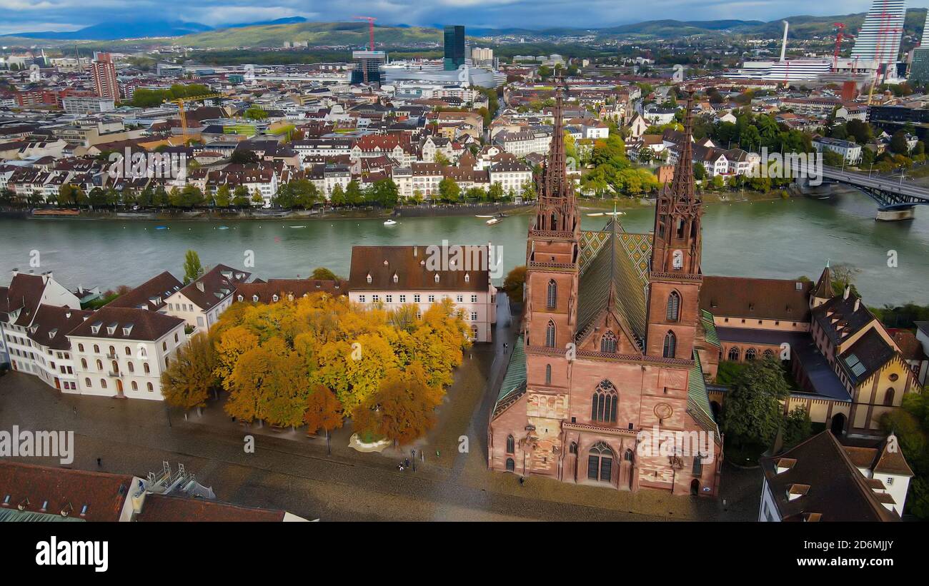 Aerial view over the city of Basel Switzerland and Cathedral Stock ...