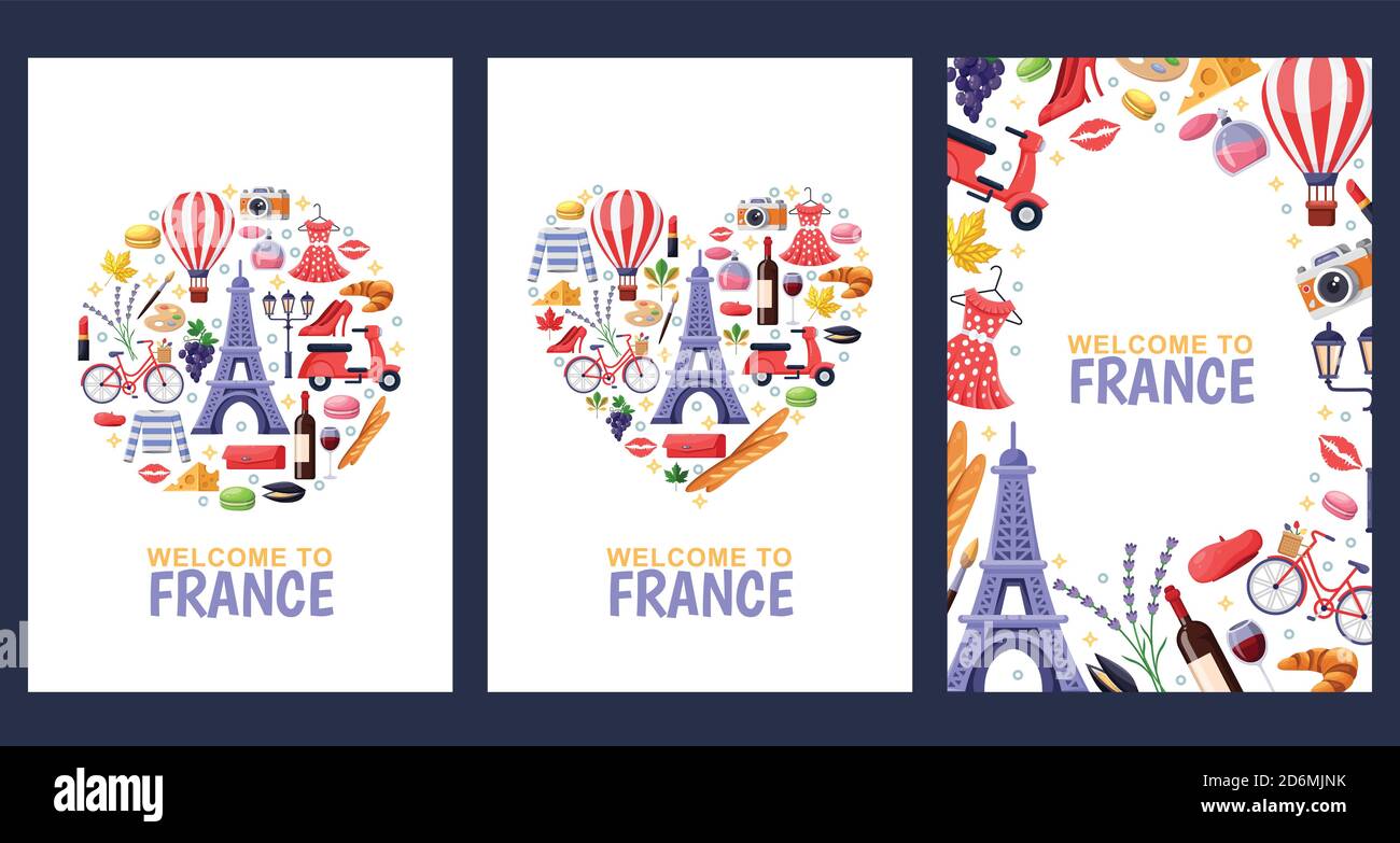 Welcome to France greeting souvenir cards, print or poster design template. Travel to Paris flat illustration. Circle, heart shapes and frame backgrou Stock Vector