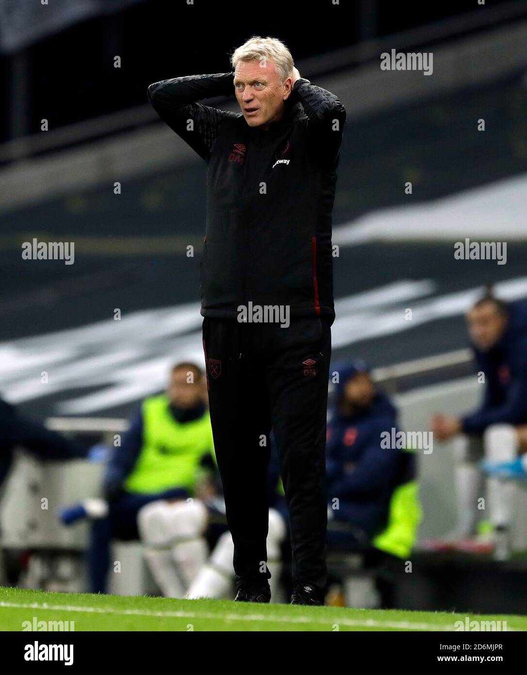 West Ham United manager David Moyes reacts on the touchline during the Premier League match at Tottenham Hotspur Stadium, London. Stock Photo