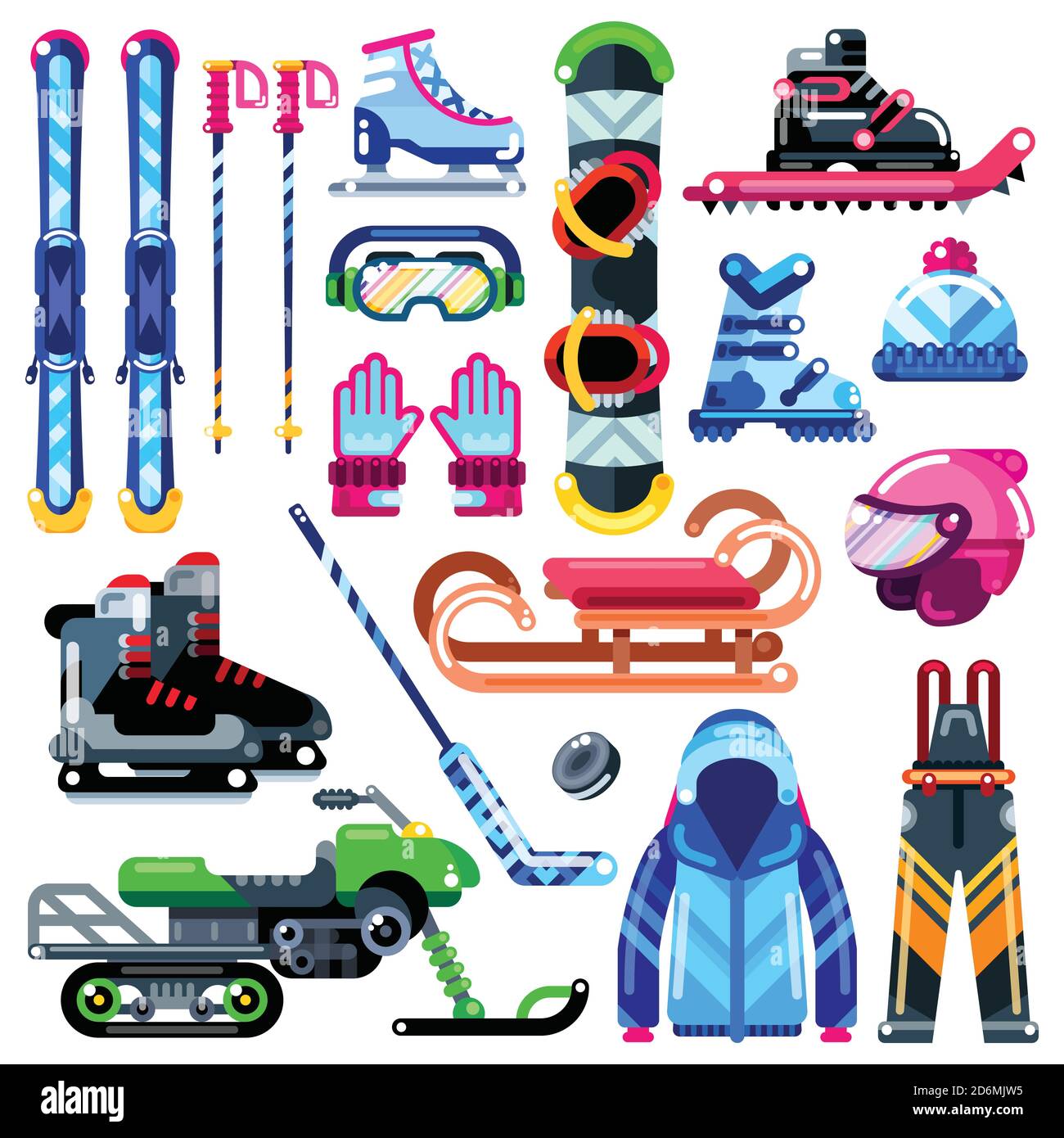 Winter sports equipment, clothes and accessories. Icons and isolated design elements set. Outdoor leisure activity stuff. Vector illustration. Stock Vector