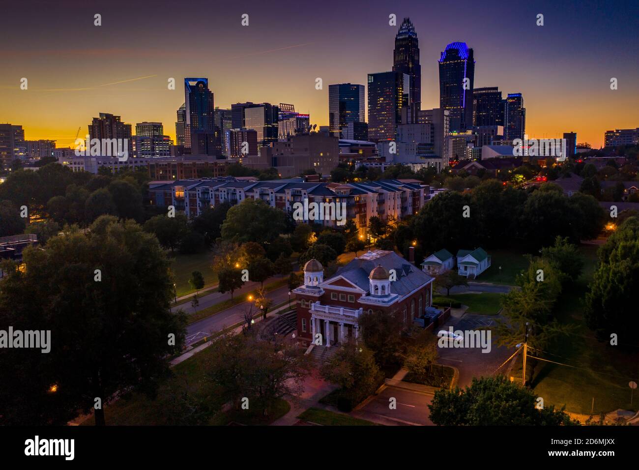 The beautiful skyline of Charlotte, North Carolina at sunset taken from