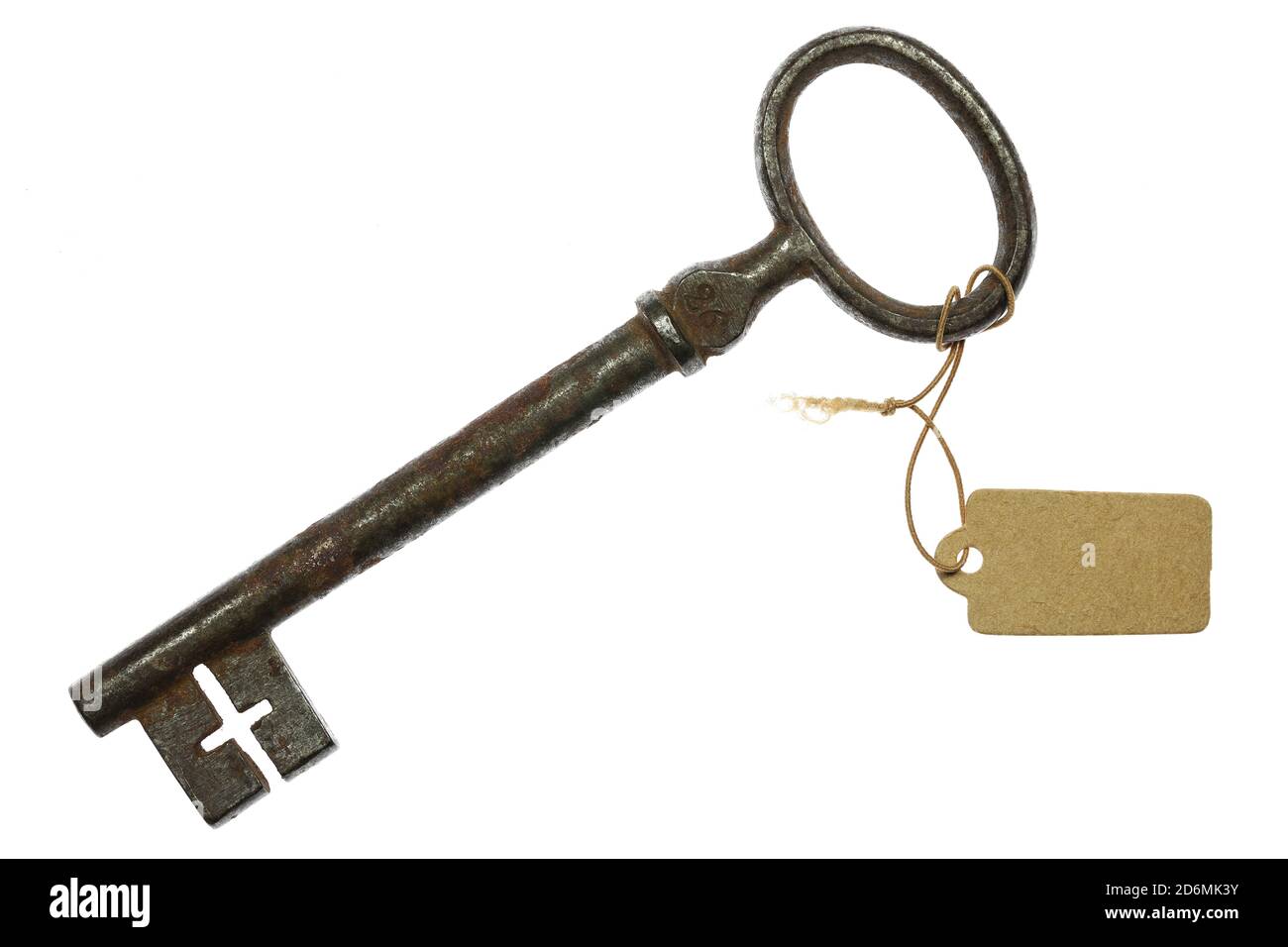 antique key with tag isolated on white background Stock Photo