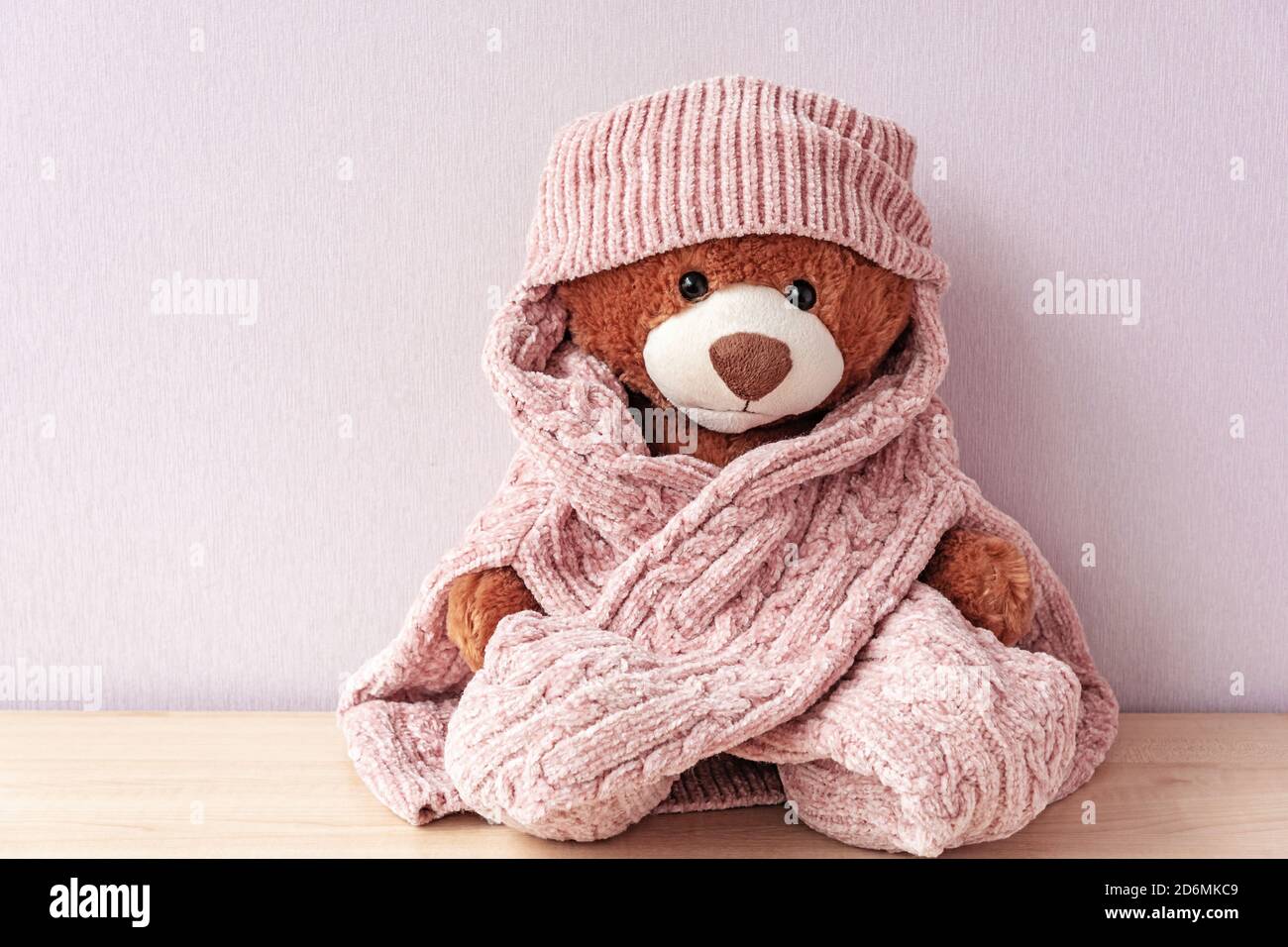 Brown plush bear wrapped in warm sweater with hat Stock Photo