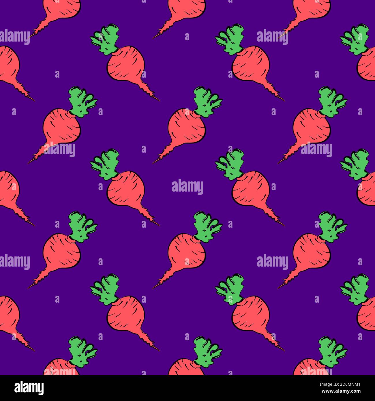 Red beet, seamless pattern on purple background. Stock Vector