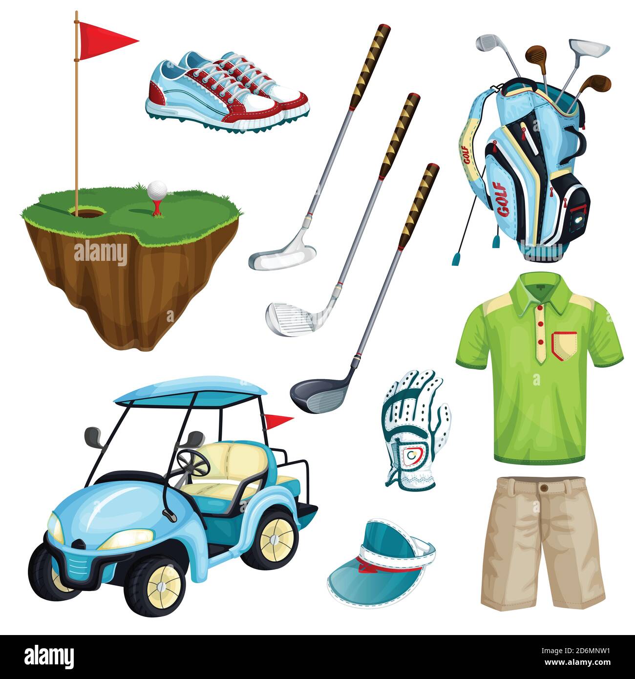 Golf club vector cartoon icons and design elements set. Golf cart, ball, club, bag and clothes illustration. Outdoor leisure activity stuff. Stock Vector