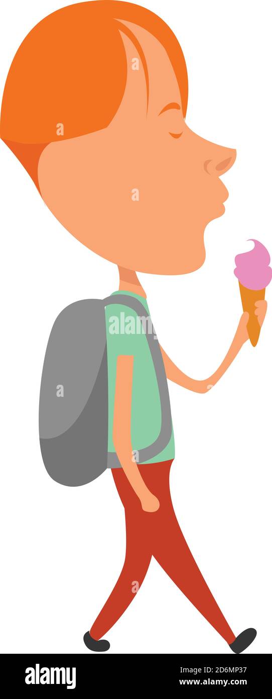 Boy eating ice cream,, illustration, vector on white background Stock Vector