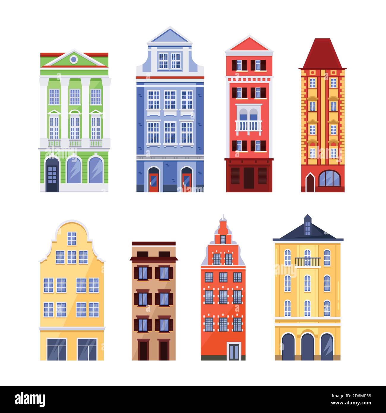 Old colorful buildings, vector flat isolated illustration. European traditional house facades. City architecture design elements. Stock Vector