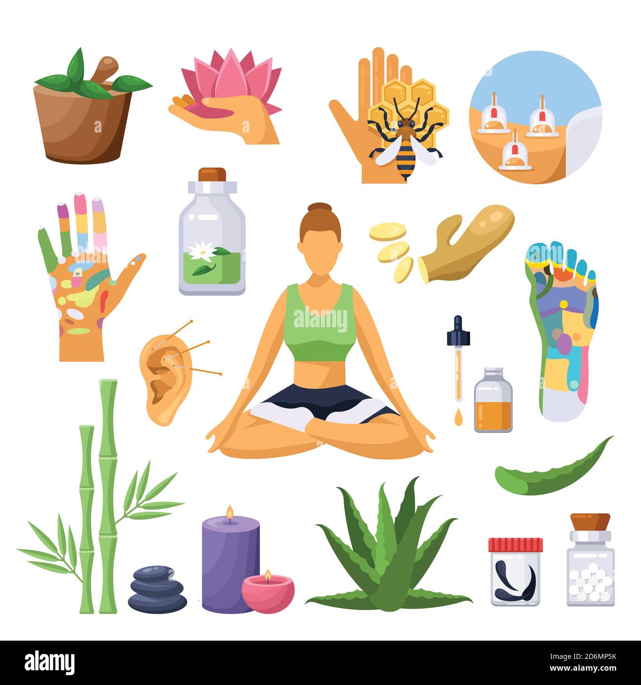 Alternative chinese medicine and treatment symbols. Vector isolated flat illustration. Acupuncture, massage, homeopathy therapy icons set. Stock Vector