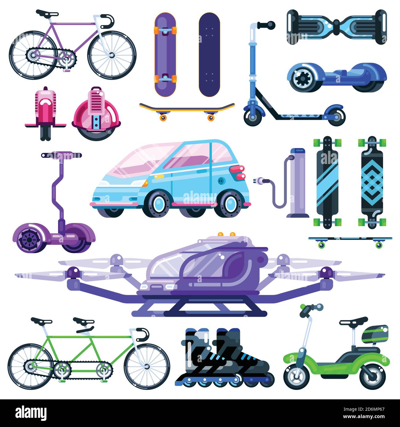 Alternative eco electric transport set. Vector flat vehicle illustration. Colorful modern devices isolated on white background. Stock Vector
