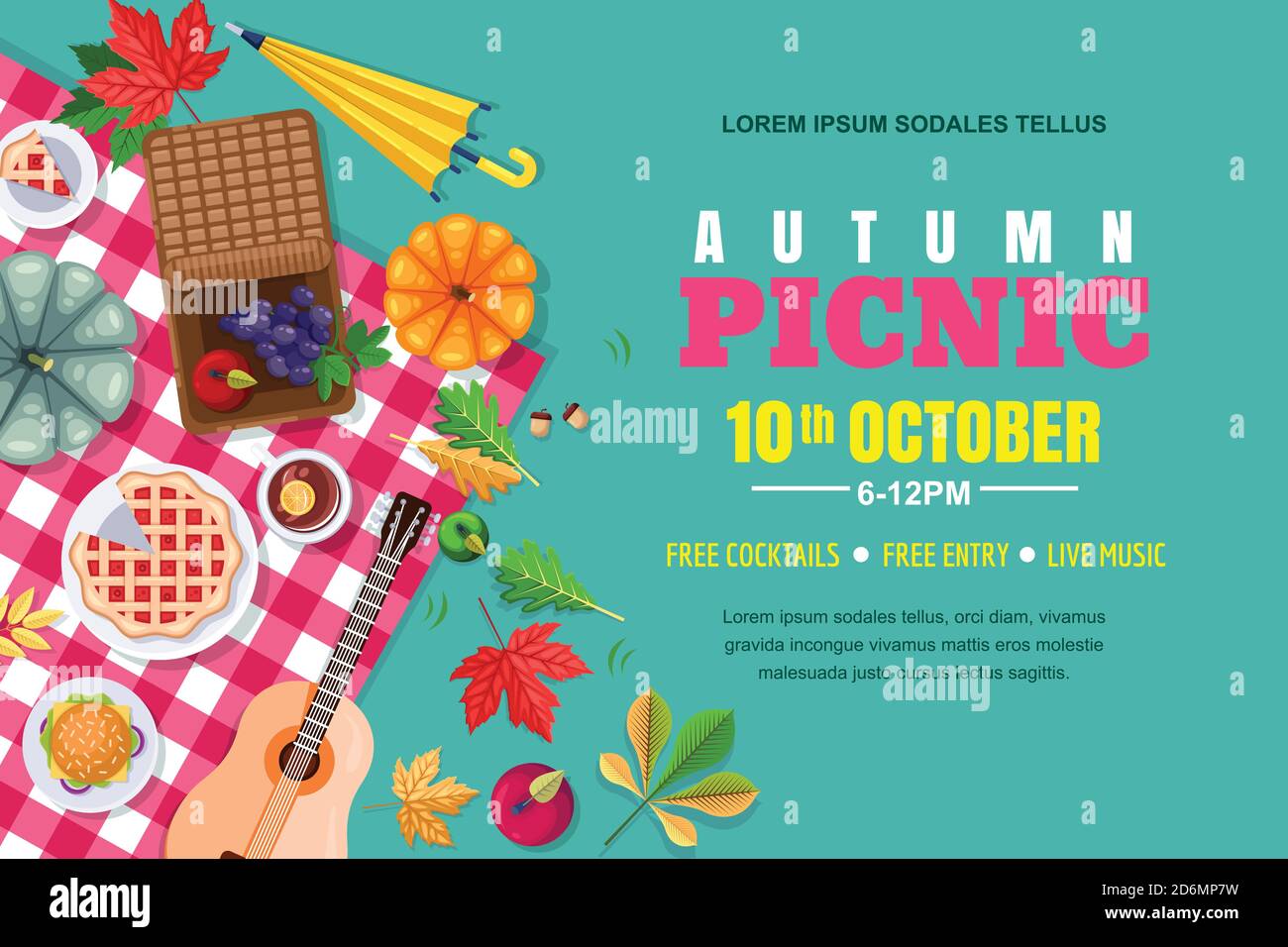 Fall picnic horizontal background. Autumn Thanksgiving holiday vector poster, banner template. Outdoors weekend in park, flat illustration. Stock Vector