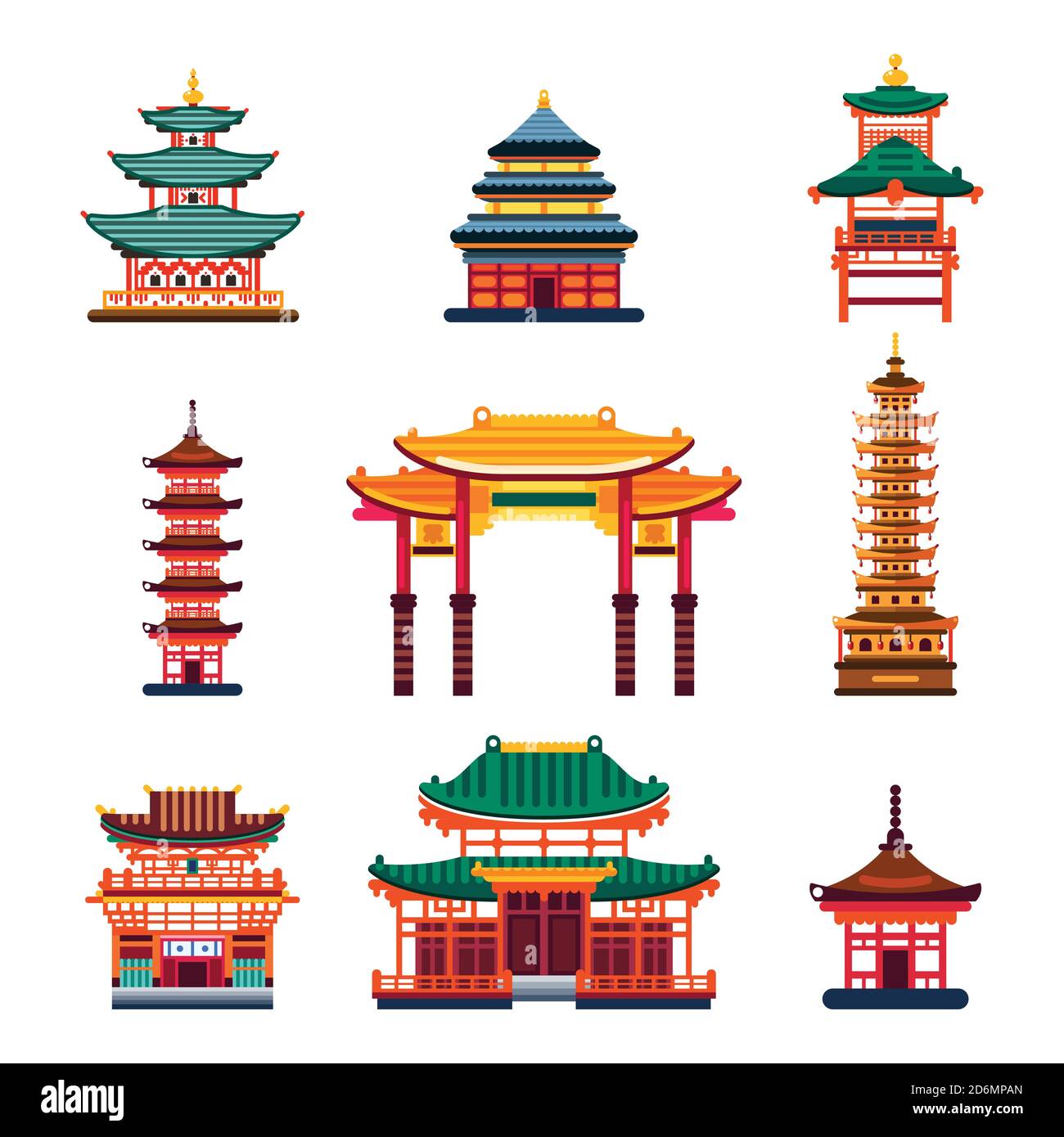 Colorful Chinese buildings, vector flat isolated illustration. China town traditional pagoda house. City architecture design elements. Stock Vector