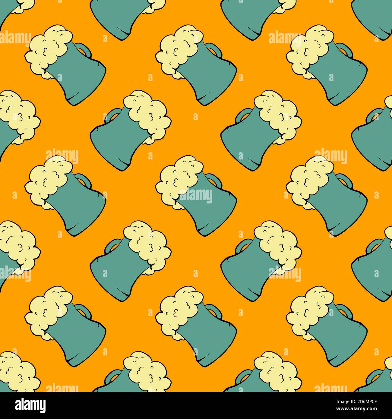 Beer in glass, seamless pattern on orange background. Stock Vector