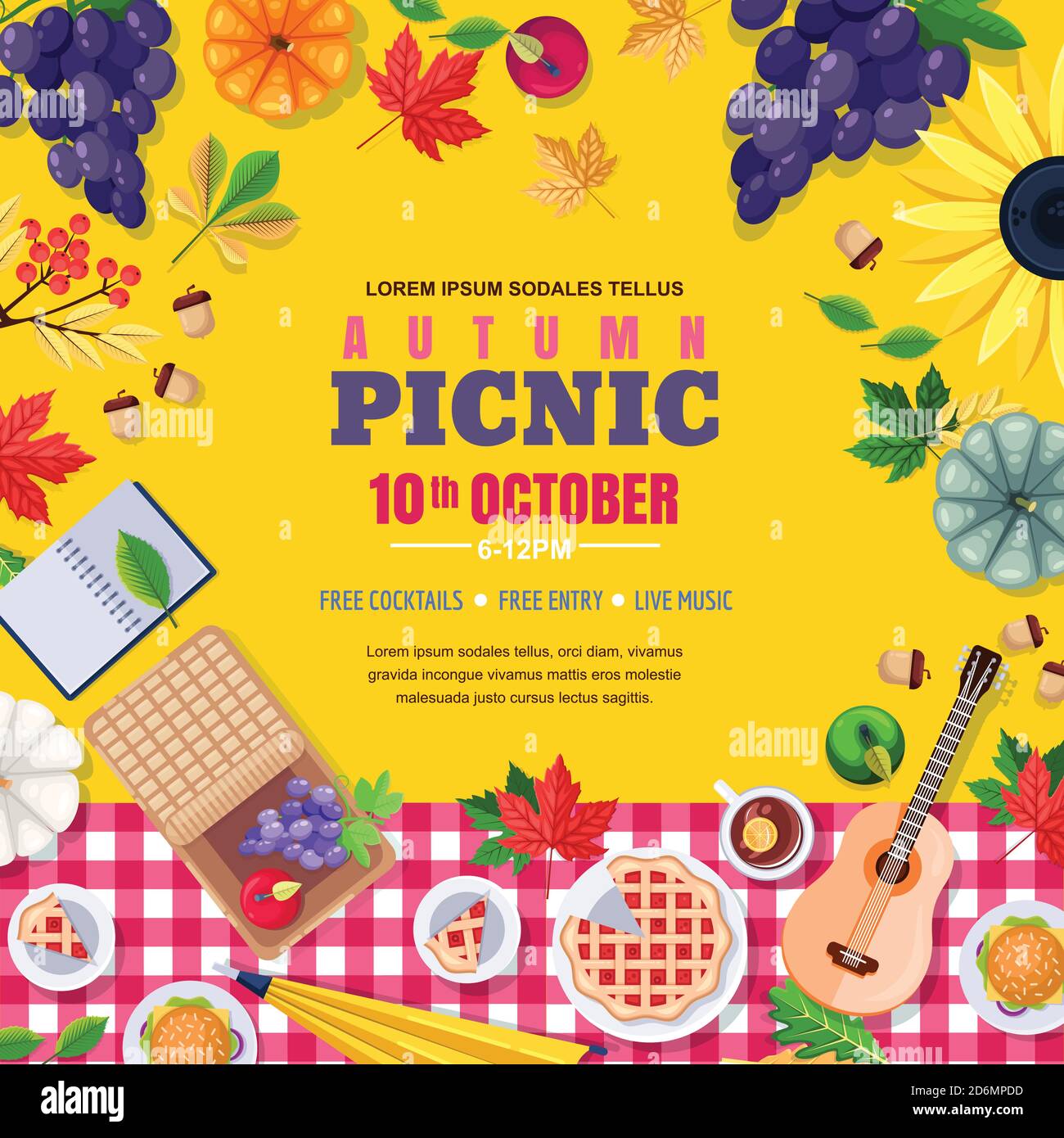 Fall season picnic square frame. Vector poster background or banner  template with autumn leaves, food on red checkered plaid. Outdoors weekend  and Tha Stock Vector Image & Art - Alamy