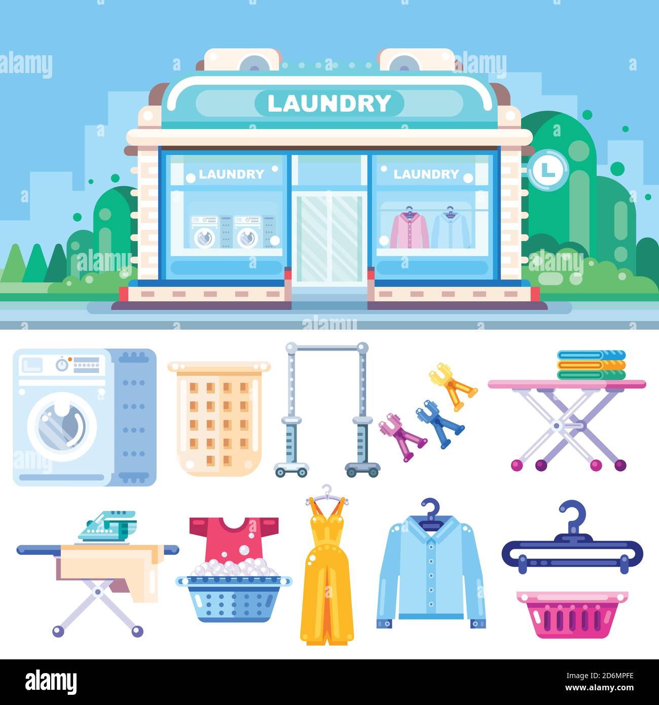 Laundry building, vector flat illustration. Laundry, dry cleaning, clothes washing and ironing service. Housekeeping, housework design elements. Stock Vector