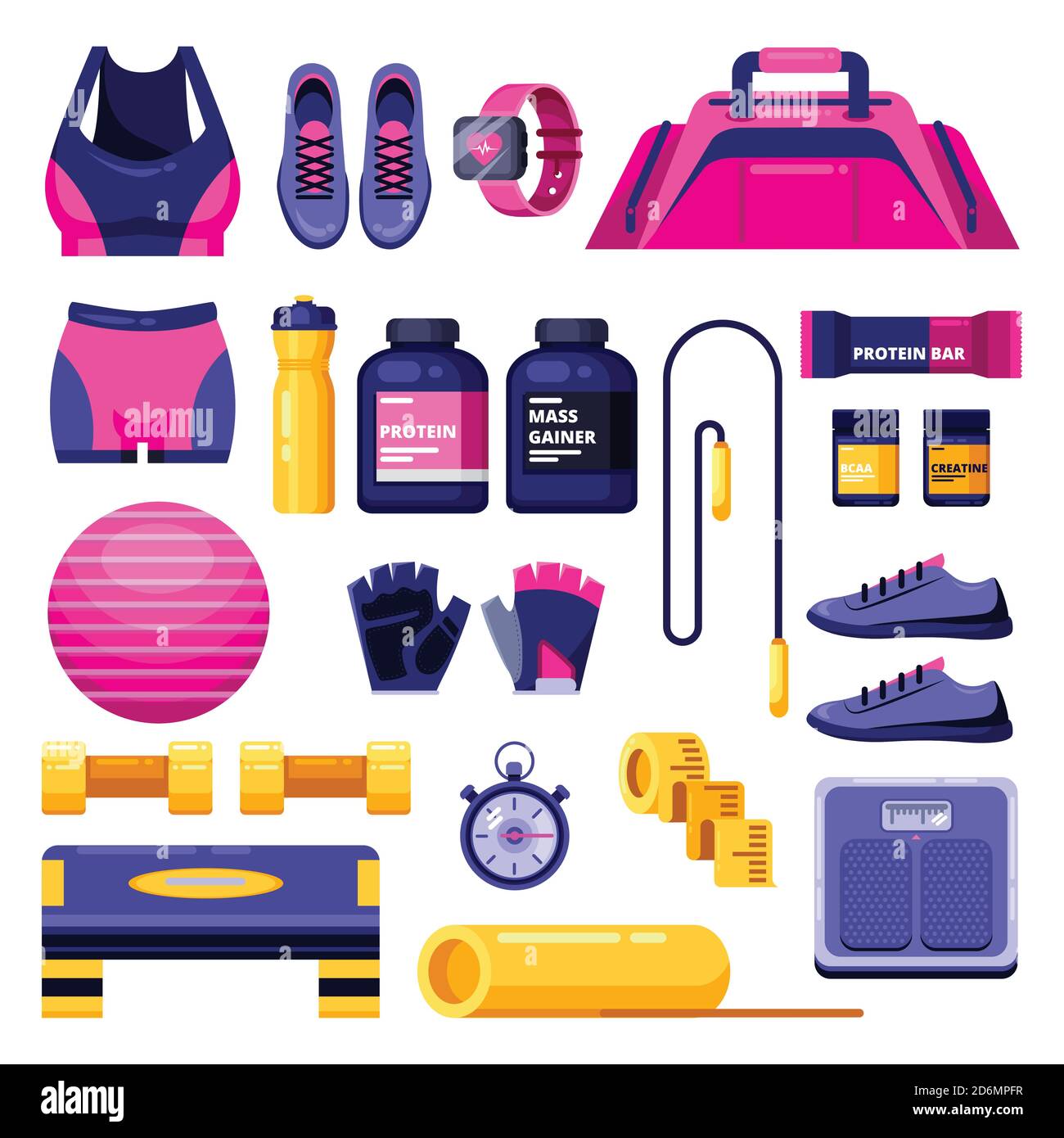 Fitness, workout and gym equipment set. Vector flat isolated objects.  Sports clothing, shoes and personal accessories icons Stock Vector Image &  Art - Alamy