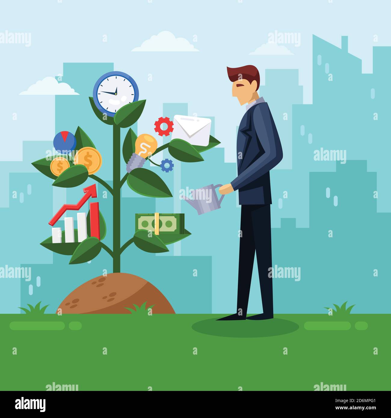 Businessman watering business tree. Planning and growing strategy