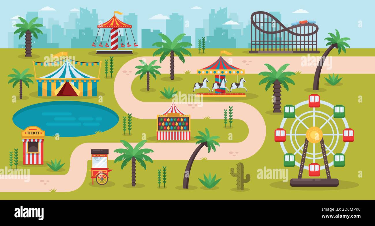 Amusement park map concept. Fun carousels, circus, ferris wheel, fair in family park, vector illustration. Summer landscape background. Stock Vector