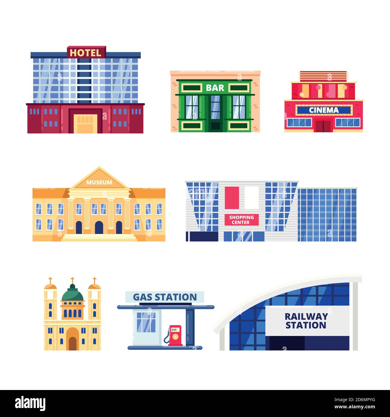 City non-residential buildings, vector icons set. Municipal real estate objects isolated on white background. Hotel, bar, museum and shopping mall ill Stock Vector