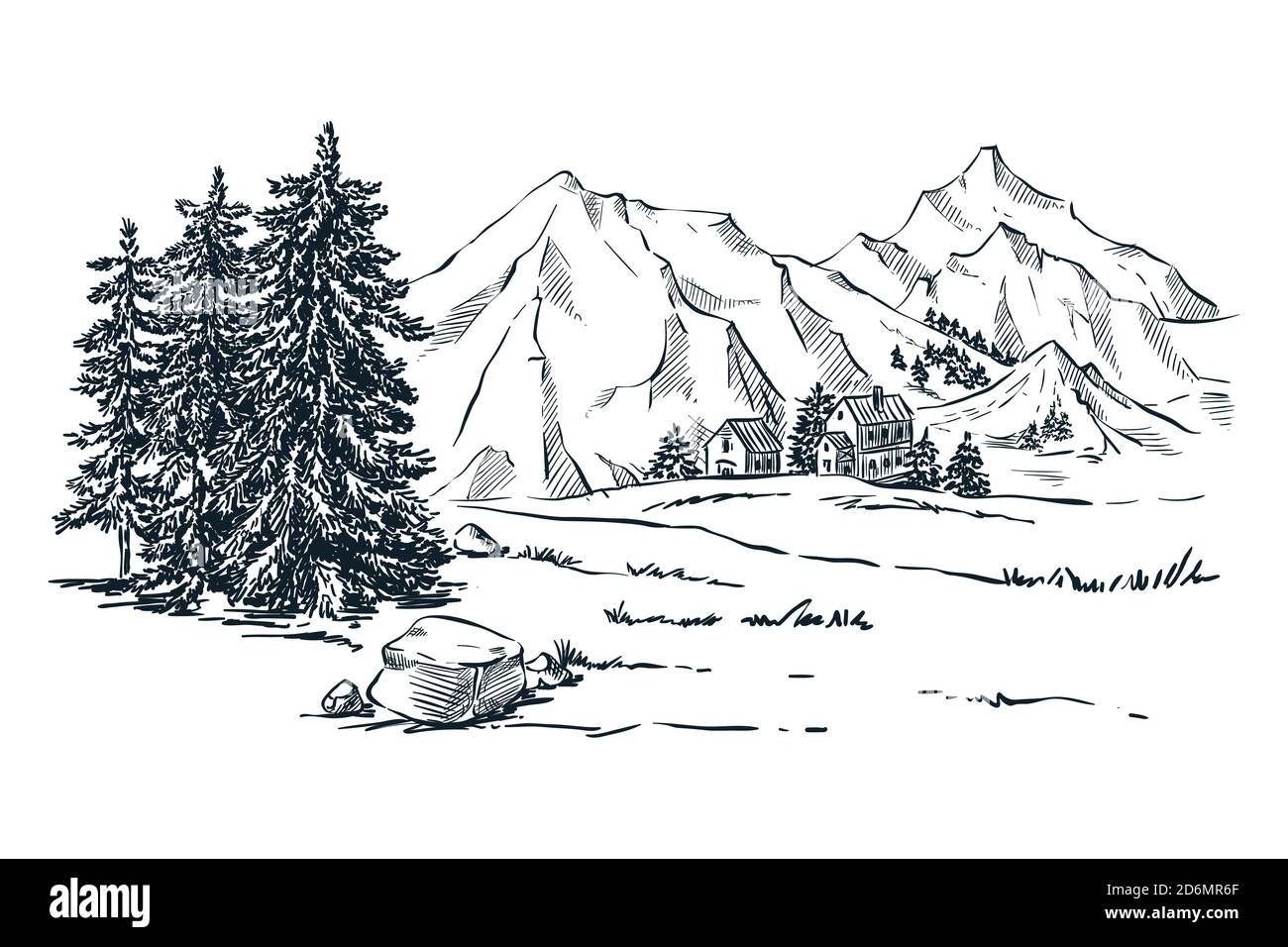 Mountains, spruce and pine trees landscape, vector sketch illustration. Hand drawn winter hills and forest. Travel, outdoor hiking concept. Stock Vector