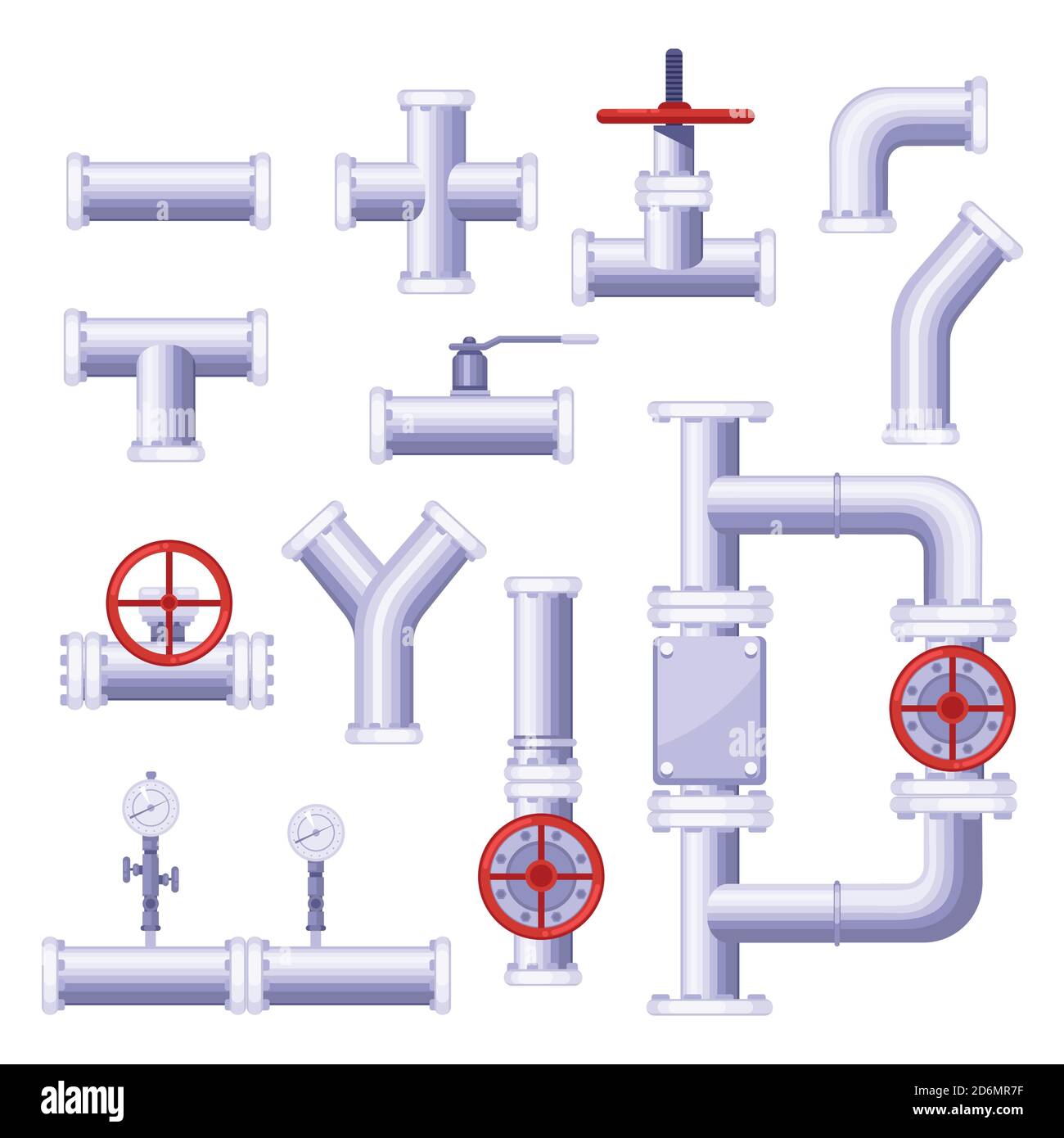 Gas pipeline construction elements. Vector isolated metal pipe, valve, pressure, tap icons set. Stock Vector