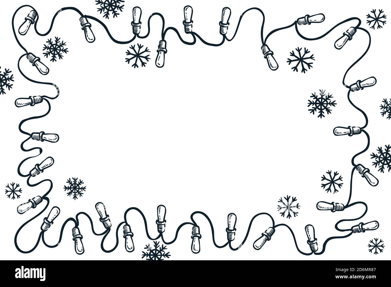 Garland lights and snowflakes border frame, vector sketch illustration. Christmas, New Year simple greeting card background with copy space. Holiday b Stock Vector