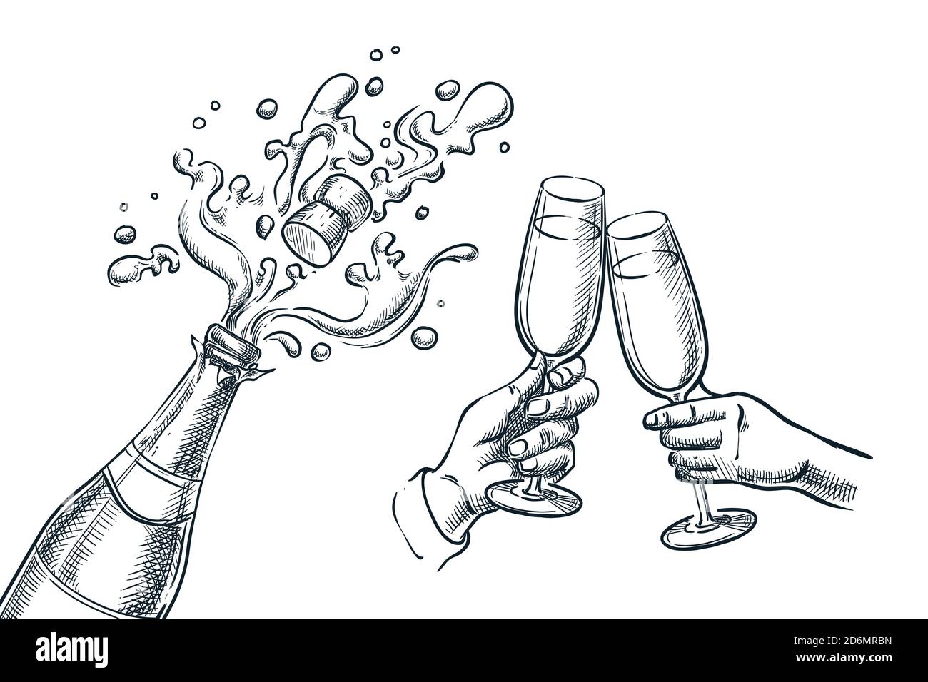 Explosion champagne bottle and two hands with drinking glasses. Sketch vector illustration. New Year, Christmas or Valentines Day holiday party Stock Vector
