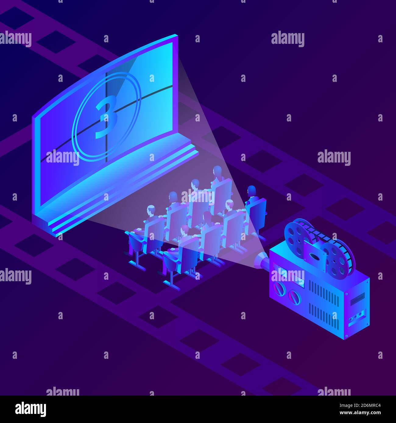 People in the cinema theater watching movie. Vector isometric neon gradients illustration. Film festival and entertainment concept. Stock Vector